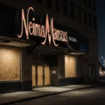 Abandoned Neiman Marcus storefront stands empty with boarded windows and faded Saks logo near downtown Dallas skyscrapers