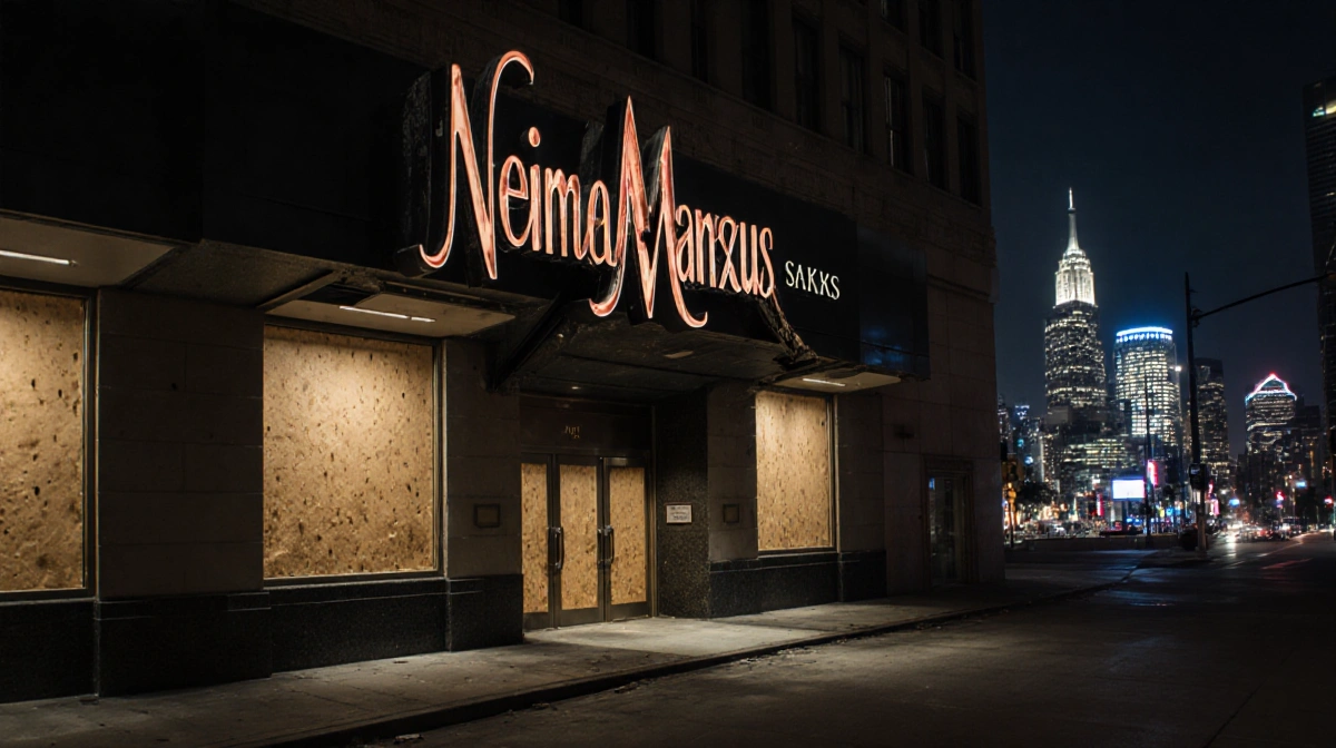 Abandoned Neiman Marcus storefront stands empty with boarded windows and faded Saks logo near downtown Dallas skyscrapers
