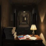 Lamp casting faint glow on stack of files with scattered political documents in abandoned hallway.