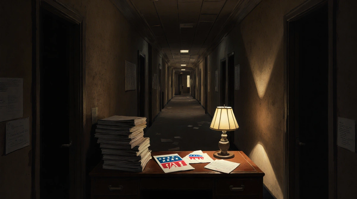 Lamp casting faint glow on stack of files with scattered political documents in abandoned hallway.