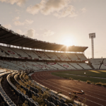 Track stretches toward horizon with overgrown grass and faded Olympic logos under golden hour light.
