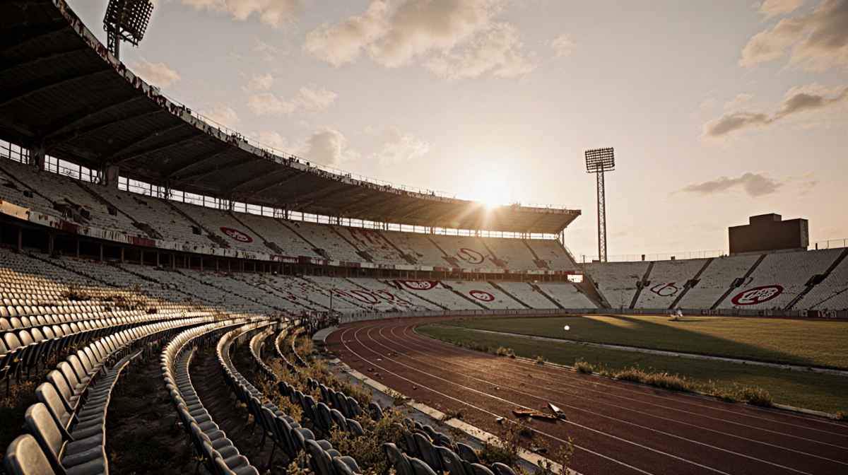 Track stretches toward horizon with overgrown grass and faded Olympic logos under golden hour light.