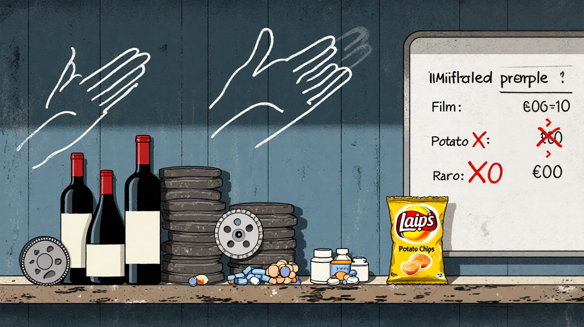 Shelf of wine bottles and film reels with crossed hands showing broken promises near a faded whiteboard with tariff rates