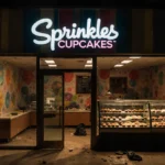 Open glass door shows empty Sprinkles Cupcakes interior with untouched cupcakes and scattered belongings in dim light.