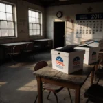 Ballot boxes sitting in an abandoned voting booth with dim light and a blurred calendar hinting March primary