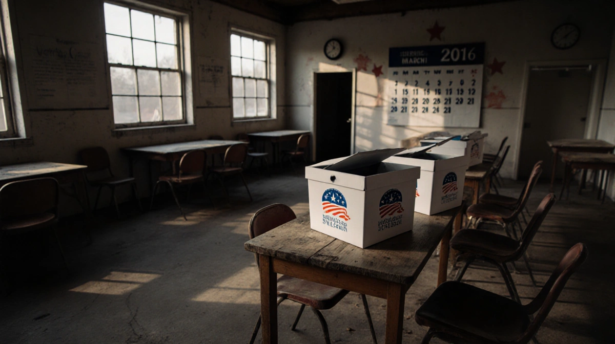 Ballot boxes sitting in an abandoned voting booth with dim light and a blurred calendar hinting March primary