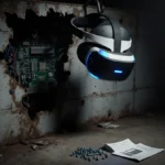 Damaged VR headset hangs from rusty hook with exposed circuitry and scattered manuals on floor