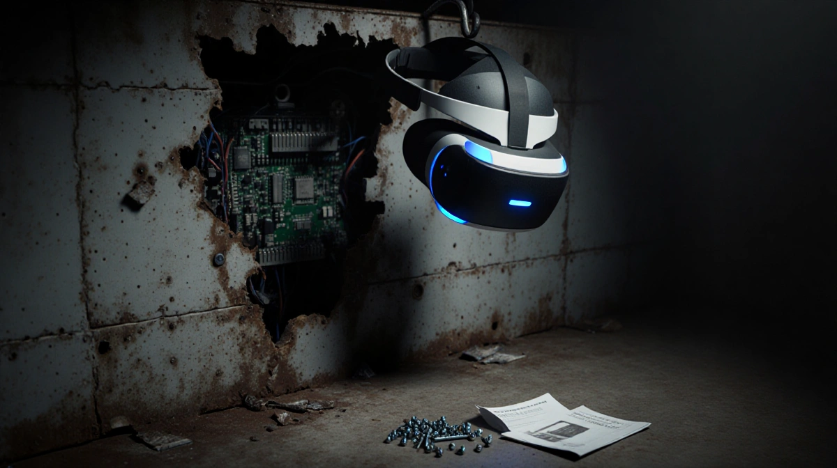 Damaged VR headset hangs from rusty hook with exposed circuitry and scattered manuals on floor