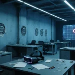 Abandoned VR workstation sits empty with peeling Meta logos on walls and lone headset on desk