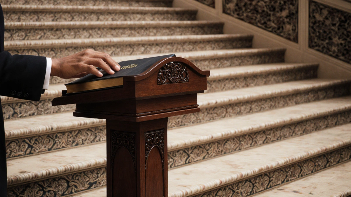 Abigail Spanberger swearing in on Bible at podium atop African American patterned staircase honoring Virginia history