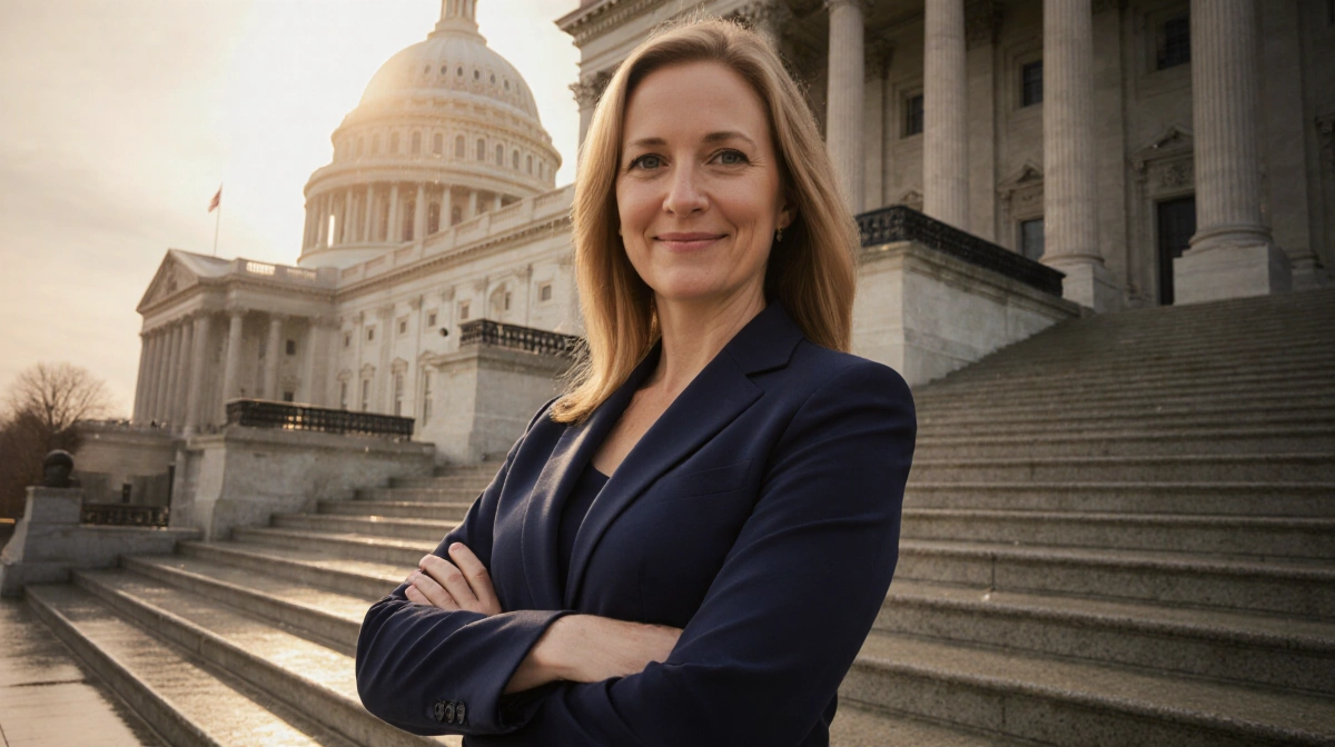 Abigail Spanberger stands with arms crossed at Virginia State Capitol with navy suit and golden dome light