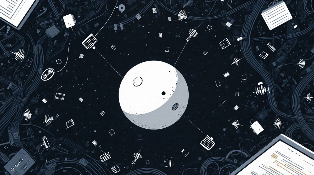 Abstract satellite orb floats through space with tangled radio signals and blank screens showing unknown mission