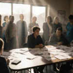 Worried patients huddle around table with ACA health plan documents while stressed woman reviews papers under natural light