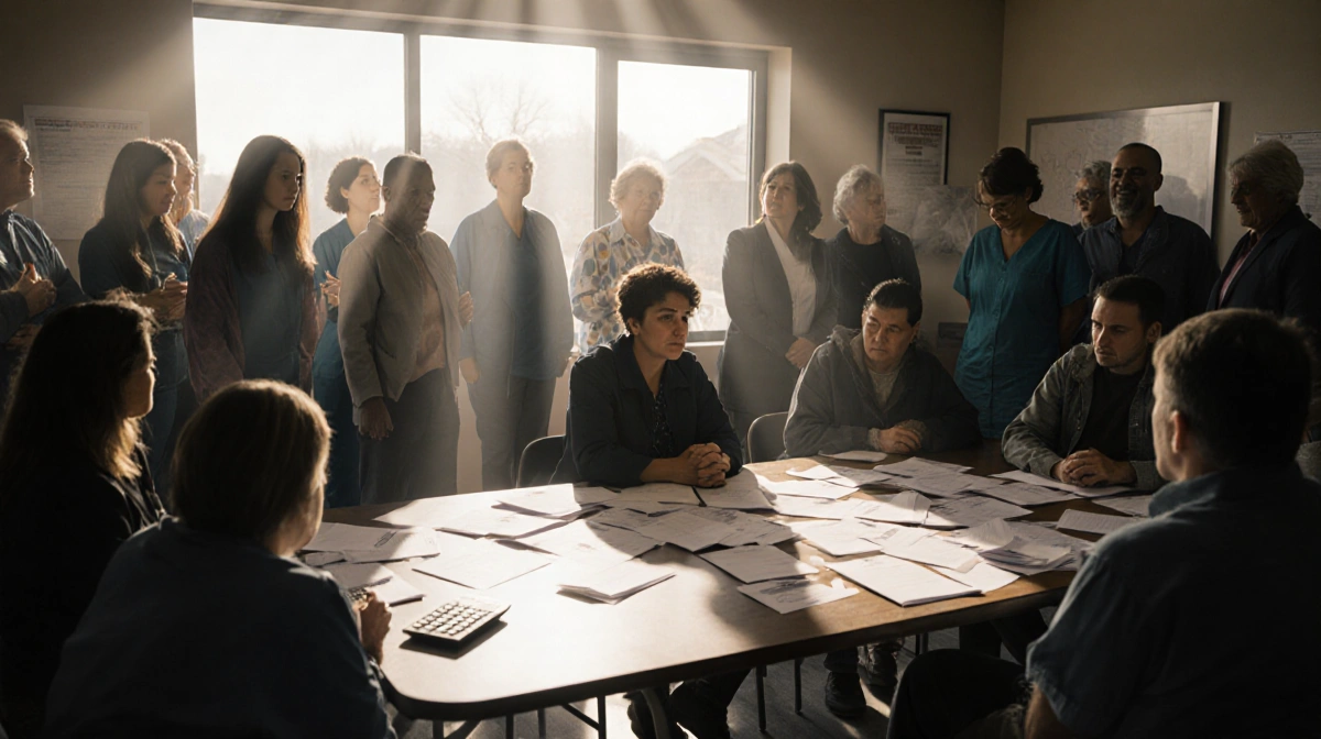 Worried patients huddle around table with ACA health plan documents while stressed woman reviews papers under natural light