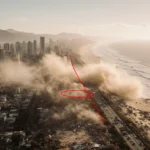 Aerial view shows Guerrero coastline with Acapulco skyline and Pacific Ocean waves beneath a swirling vortex
