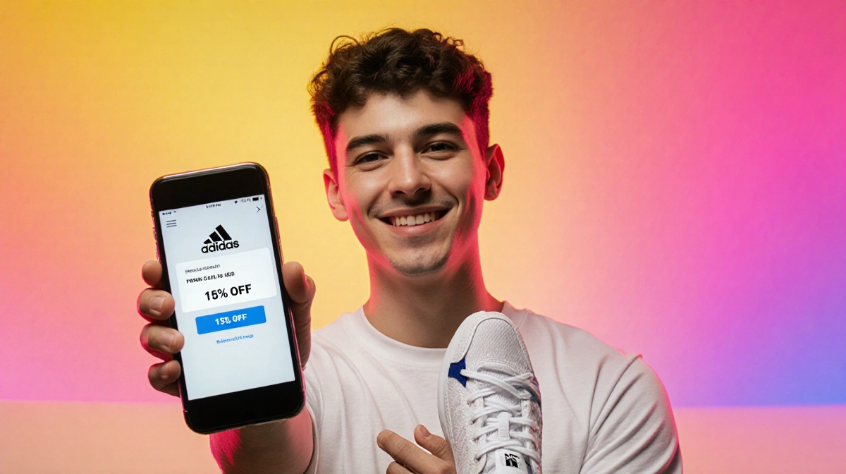Young adult shows Adidas sneakers with 15% OFF promo on phone and bright colorful background