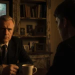 Stephen Graham talking with concerned young actor in dimly lit study with coffee cup and flickering TV showing Adolescence lo