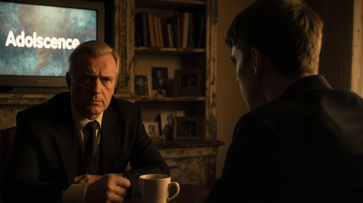 Stephen Graham talking with concerned young actor in dimly lit study with coffee cup and flickering TV showing Adolescence lo