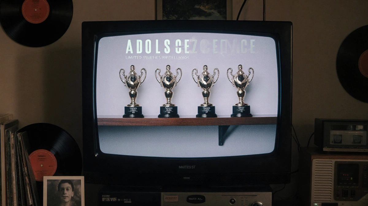 Television shows Adolescence winning awards with four trophies on shelf and vintage photos nearby