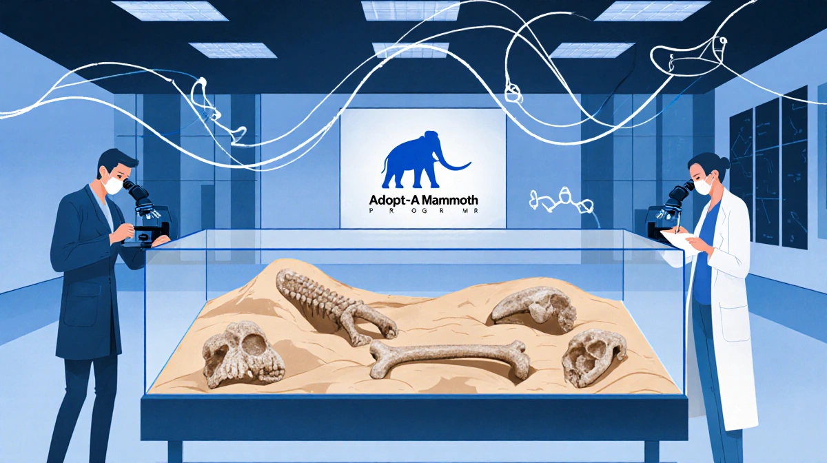 Museum curators examining fossils through microscopes with Adopt-a-Mammoth logo on wall behind glass case