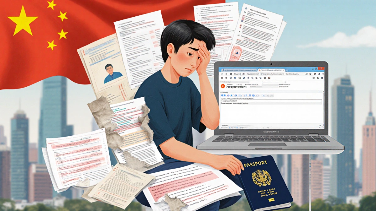 Young adoptee studies torn passport pages with Chinese cityscape behind and laptop showing errors