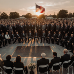 Mourners gather around bronze plaque with American flag waving and sunset lighting.
