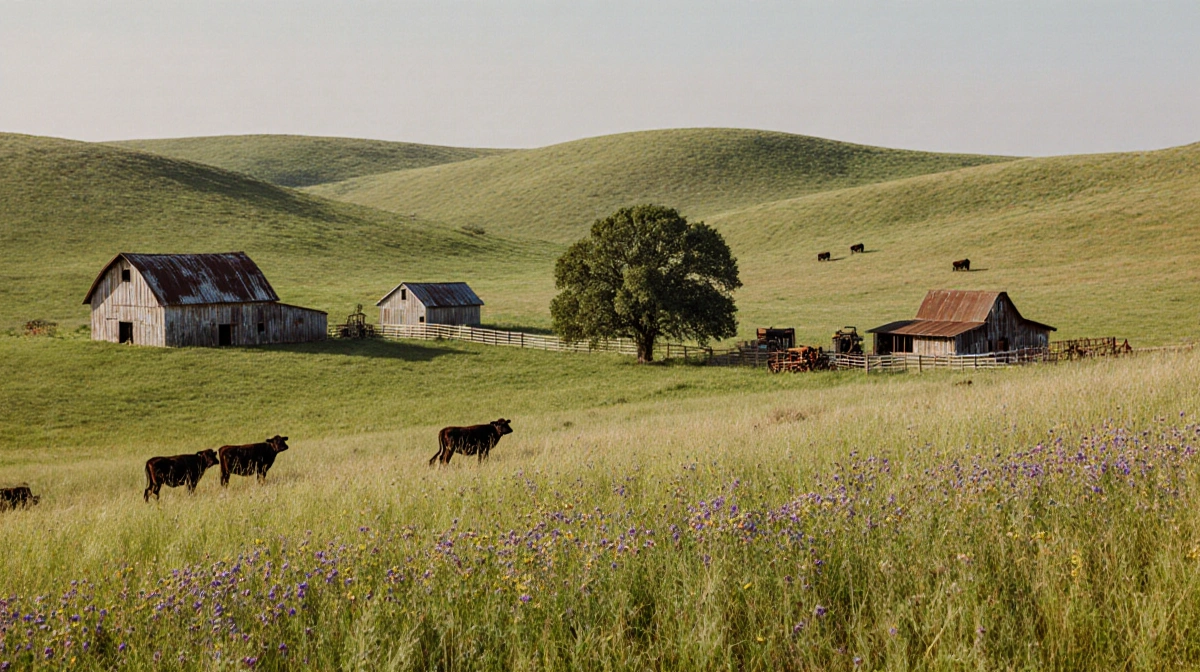 Cattle graze on rolling prairie with weathered barn and farmhouse rising through wildflowers
