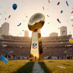 AFC Championship trophy stands on football field with cheering fans and confetti floating through golden sunset