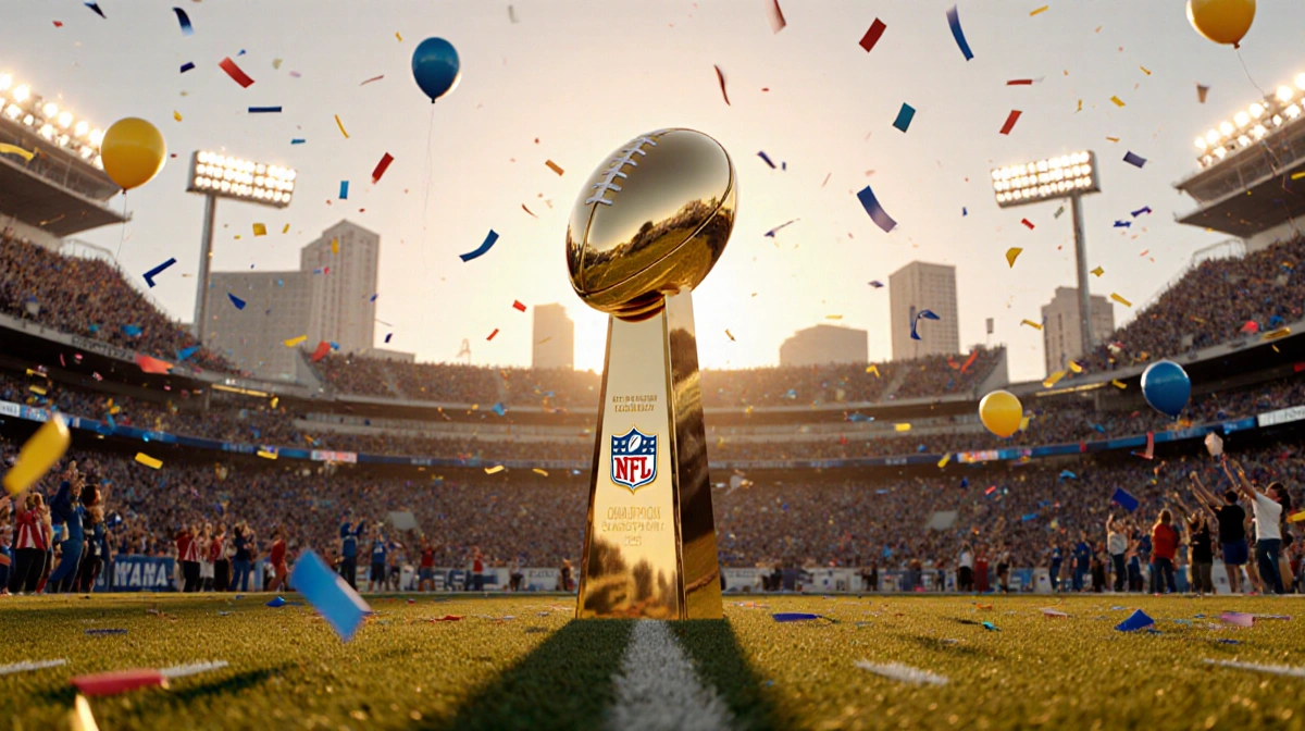 AFC Championship trophy stands on football field with cheering fans and confetti floating through golden sunset