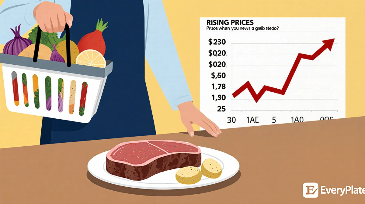 Person holding a basket of affordable groceries with a steak plate and rising price graph and EveryPlate logo in corner