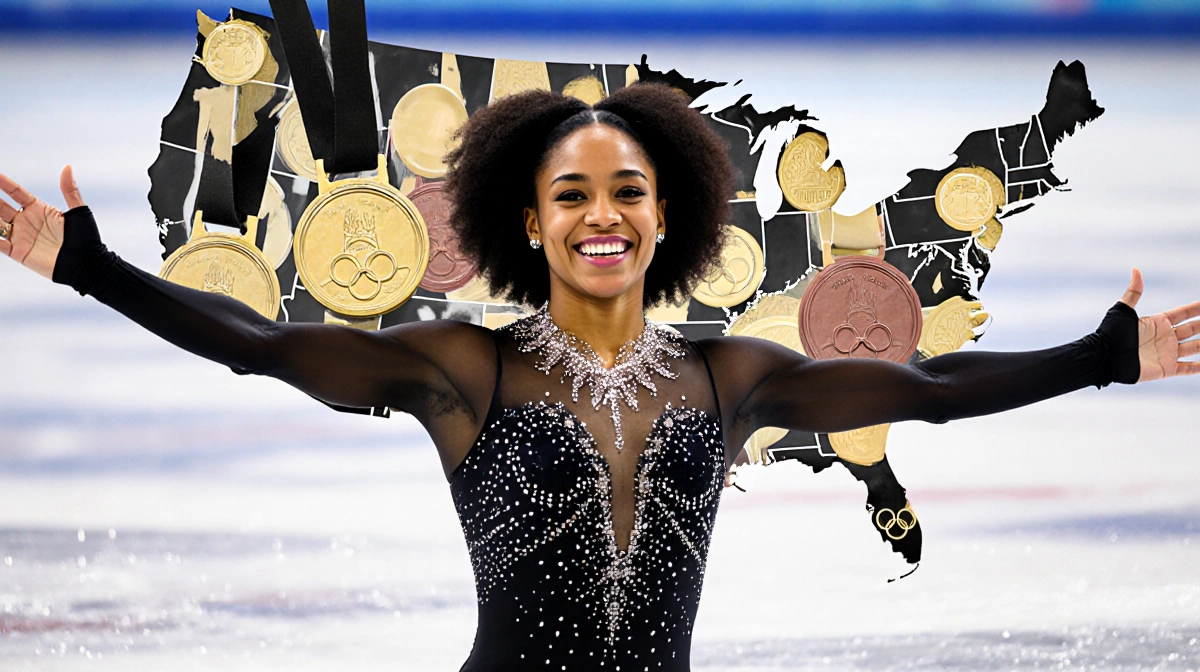 African American figure skater celebrating on ice with Olympic medals and USA map background