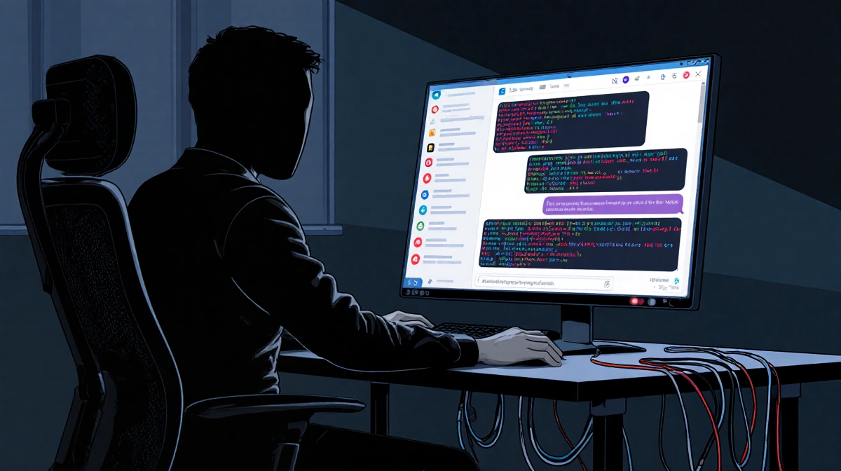 Person sitting at desk with computer screen showing cryptic AI chat messages and error codes in dim office