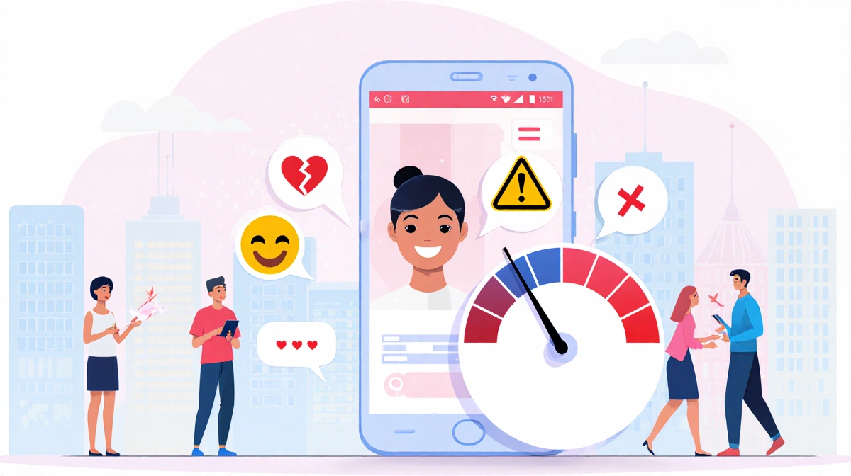 AI dating coach avatar chats on phone with red flag radar gauge and friendly emojis