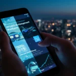 Hands hold smartphone showing VR interface with declining workforce graph and city lights reflecting in eyes