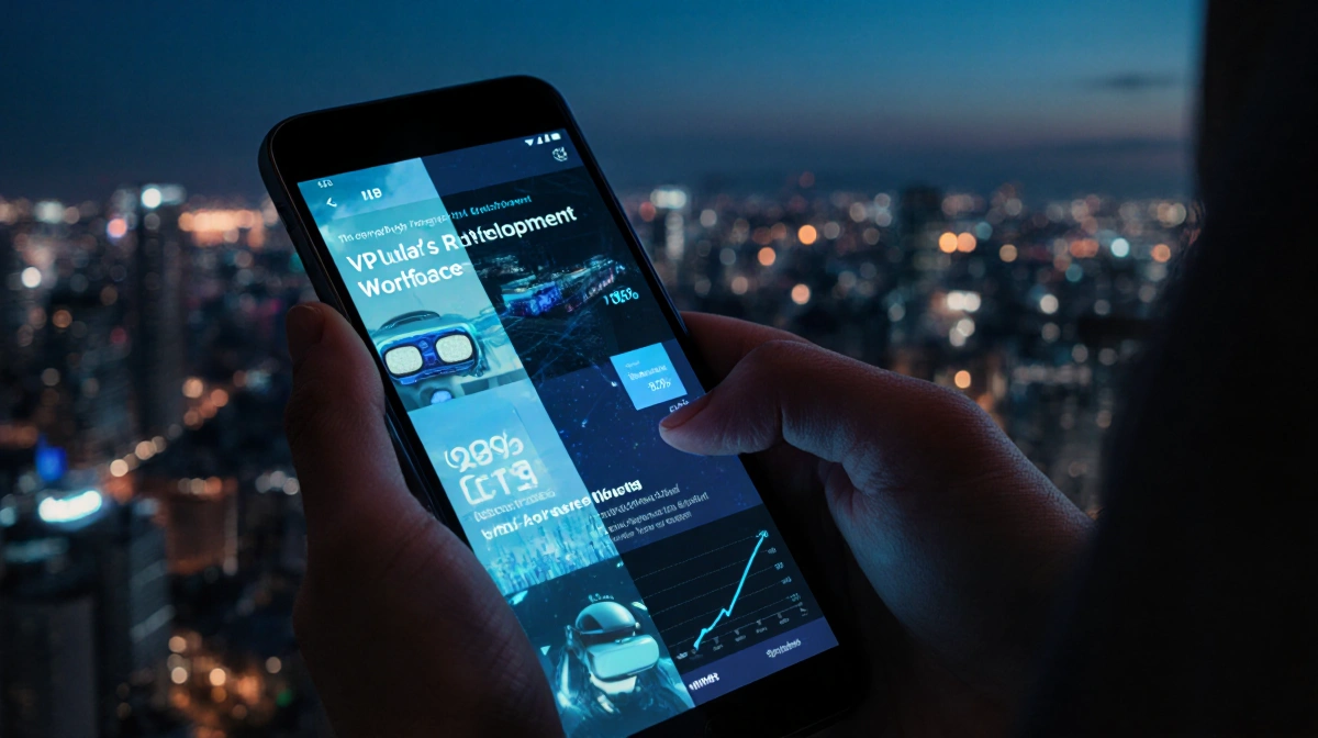 Hands hold smartphone showing VR interface with declining workforce graph and city lights reflecting in eyes