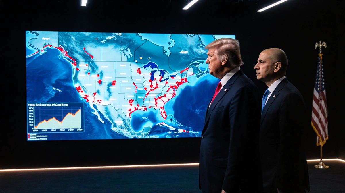 Trump and Nadella stand back-to-back before a US map showing power outage zones with energy consumption charts showing AI uti
