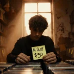 Person examines AI Slop CD in record store with vintage vinyl and warm natural light