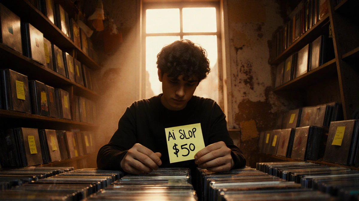 Person examines AI Slop CD in record store with vintage vinyl and warm natural light