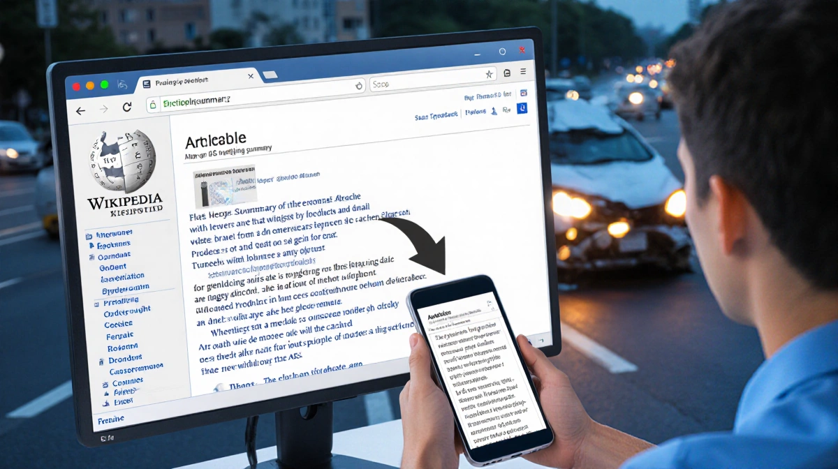 Person editing Wikipedia article with AI summary on smartphone and traffic crash scene blurred in background