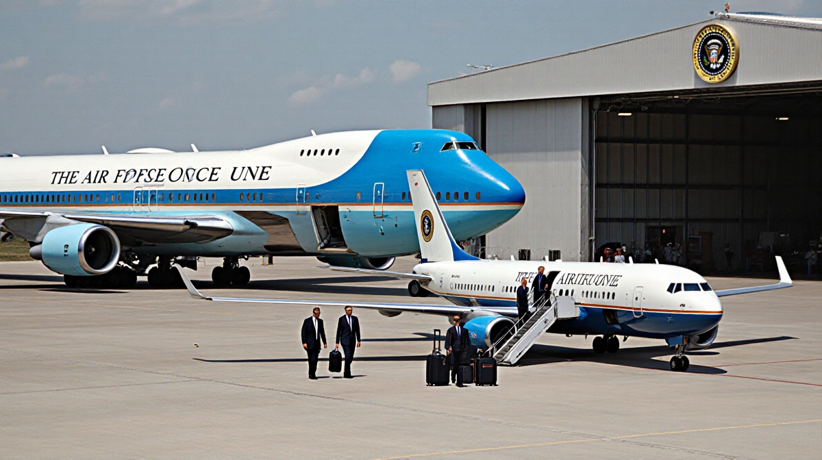 Trump and team transferring luggage from Air Force One to backup C-32 jet with hangar in background