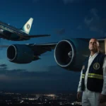 Air Force One flying over Washington DC with mechanic below and Trump visible through window
