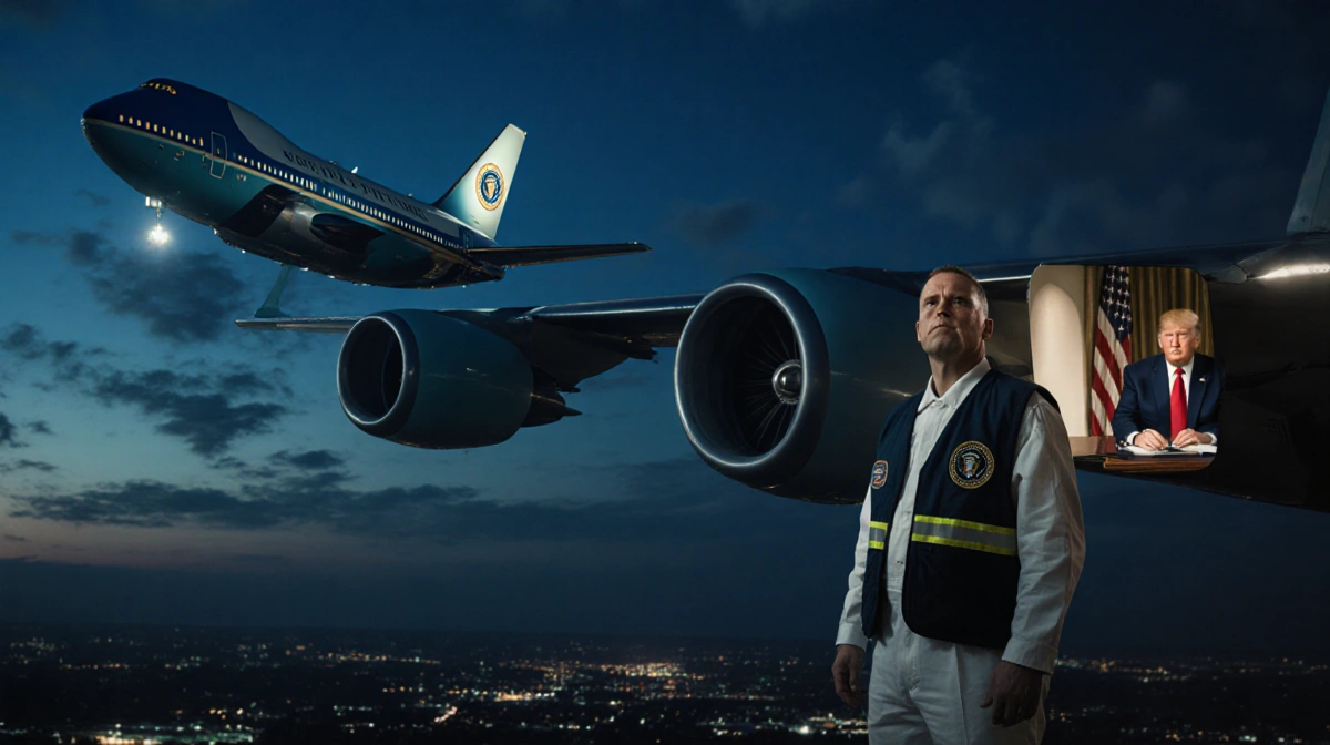 Air Force One flying over Washington DC with mechanic below and Trump visible through window