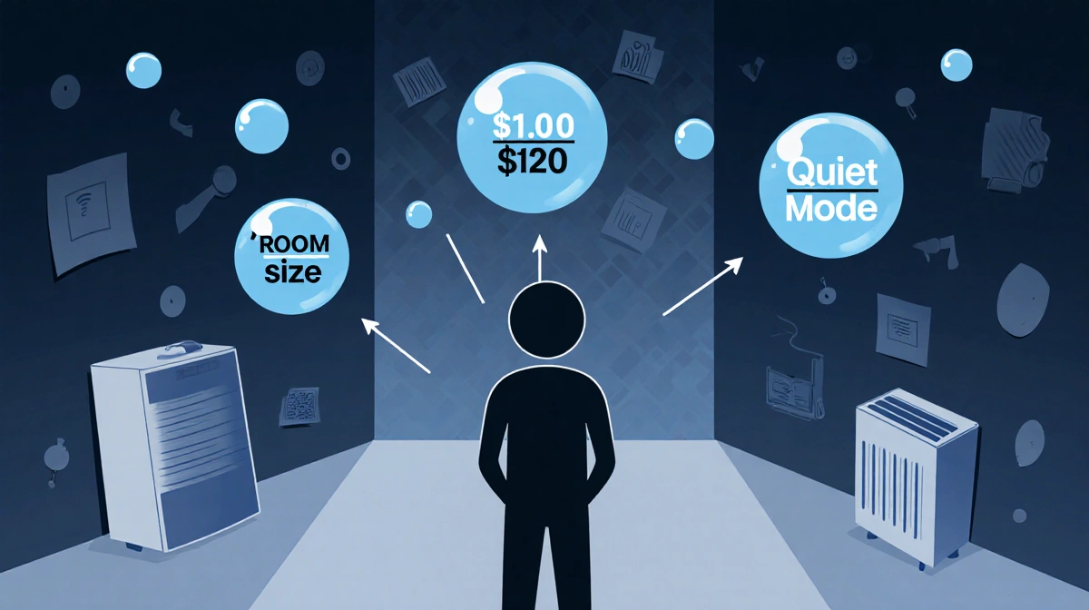 Person standing bubbles labeled room size budget noise tolerance and arrows to model speed quietness.