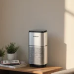 AirDoctor 4000 purifier sits on wooden table with plants and books nearby