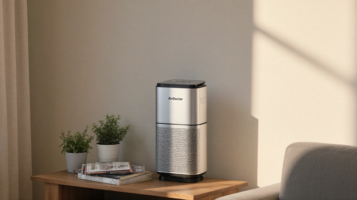 AirDoctor 4000 purifier sits on wooden table with plants and books nearby