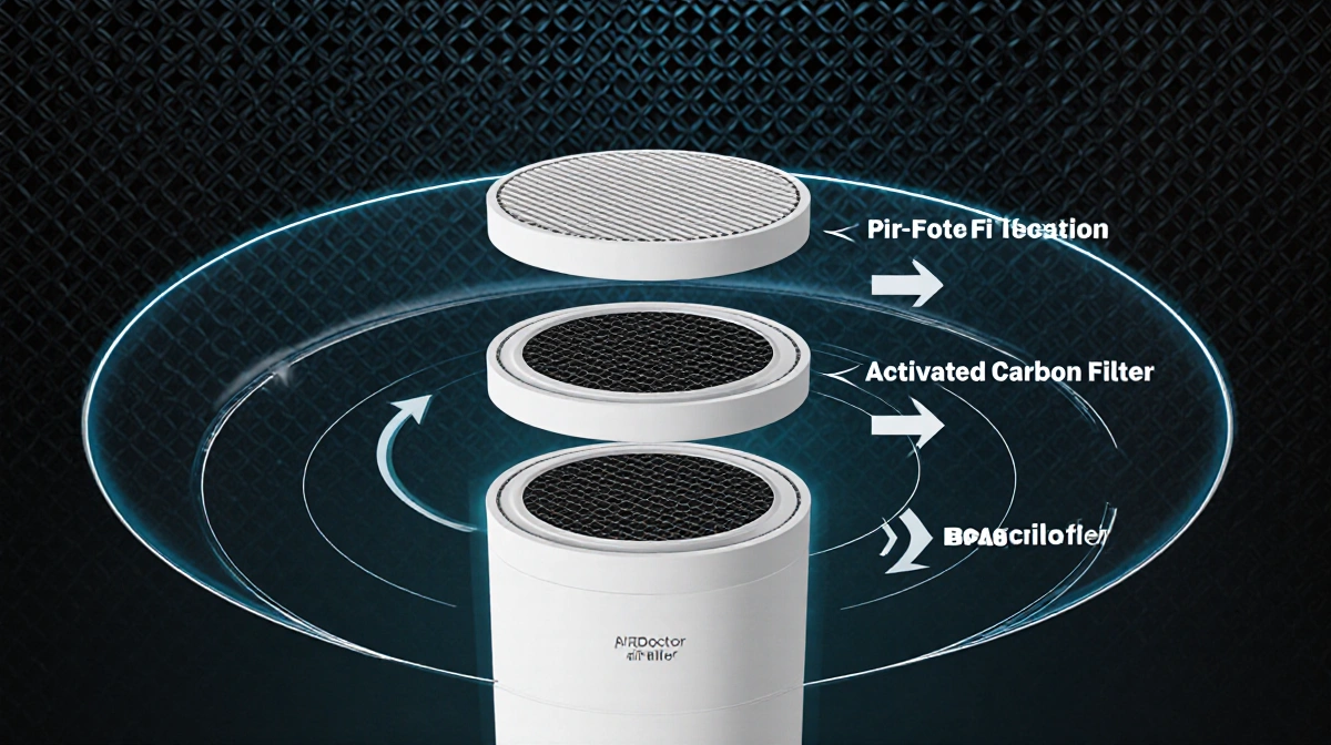 Air purifier diagram shows triple filtration system with 360-degree airflow and three labeled filters stacked in concentric c