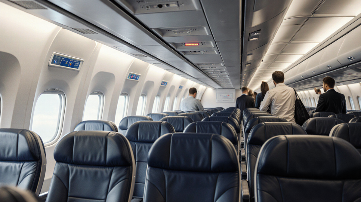 Passengers stowing luggage in window seats while middle seaters settle in and aisle seaters queue at gate, airline branding s