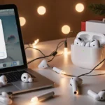 AirPods Pro 3 scatter across a desk with festive holiday lights and a laptop showing a deal of the day