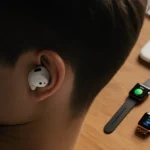 Person wearing AirPods Pro 2 standing in front of a warm wooden desk with wireless charger and smartwatch in natural light