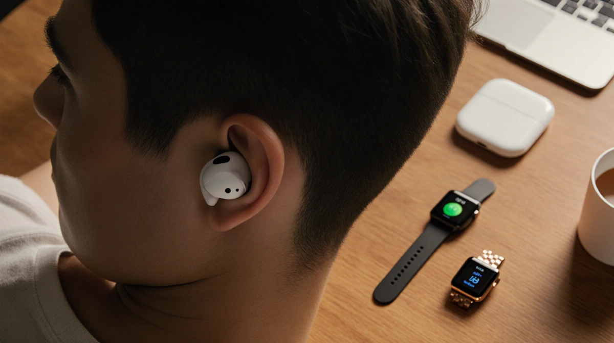 Person wearing AirPods Pro 2 standing in front of a warm wooden desk with wireless charger and smartwatch in natural light